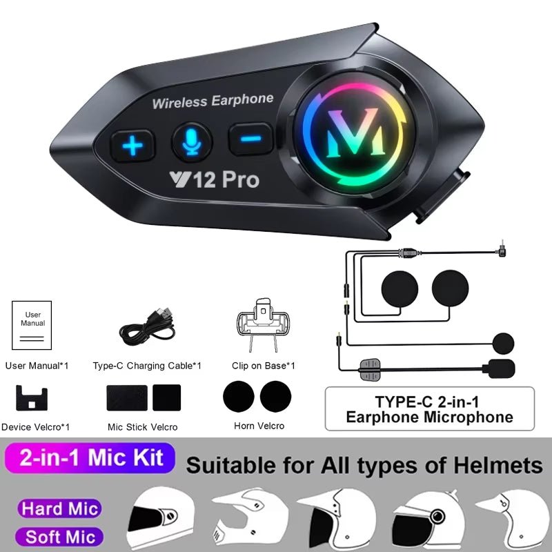 1/2X Music Interphone Bluetooth 5.3 Motorcycle Helmet Intercom Headset Waterproof 300M Intercomunicador Speaker Earphone